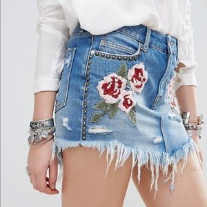 Free People Floral Embroidered Denim Skirt